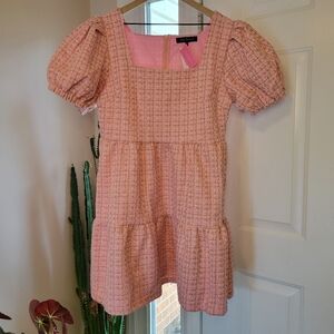 Simply Southern Pink Tweed Short Puff Sleeve Layered Spring Dress, Size‎ XL